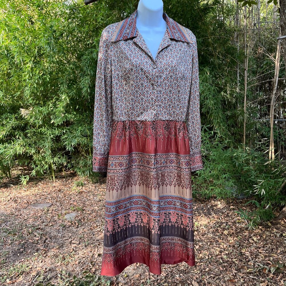 Vintage 70s Honeycomb Western Dress Womens M 8 Earth Tones Prairie Cottagecore